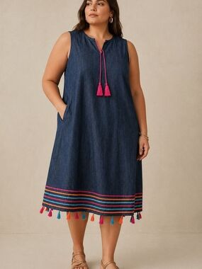 Mark Boho Denim Dress 1X Chambray Swing Tunic Festival Cottagecore Resort